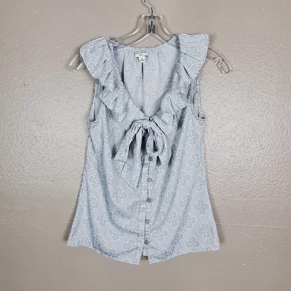 Banana Republic Sleeveless White/Silver Button Up Blouse w/Ruffles and Tie PXS - Picture 1 of 7